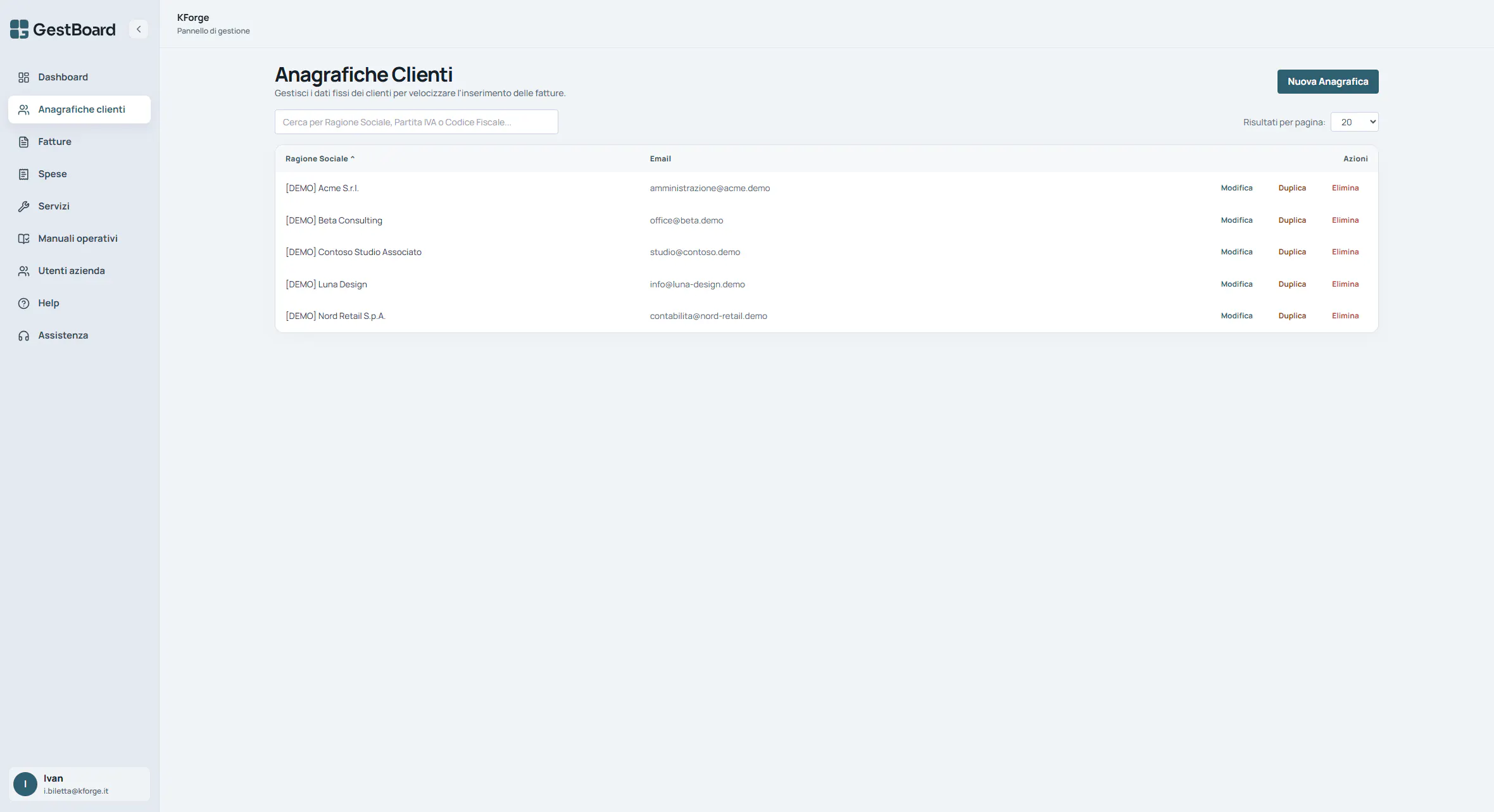 Anagrafiche clienti disponibili nell’interfaccia GestBoard